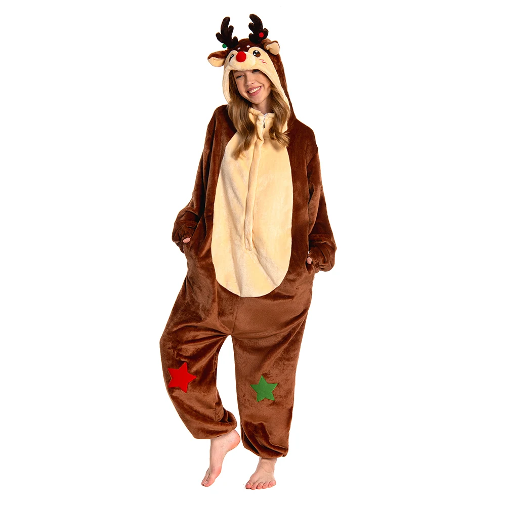 Adult Cartoon Crocodile Pajamas Reindeer Christmas Cosplay Flannel Sleepwear Jumpsuit Costume Halloween Carnival Party Suit