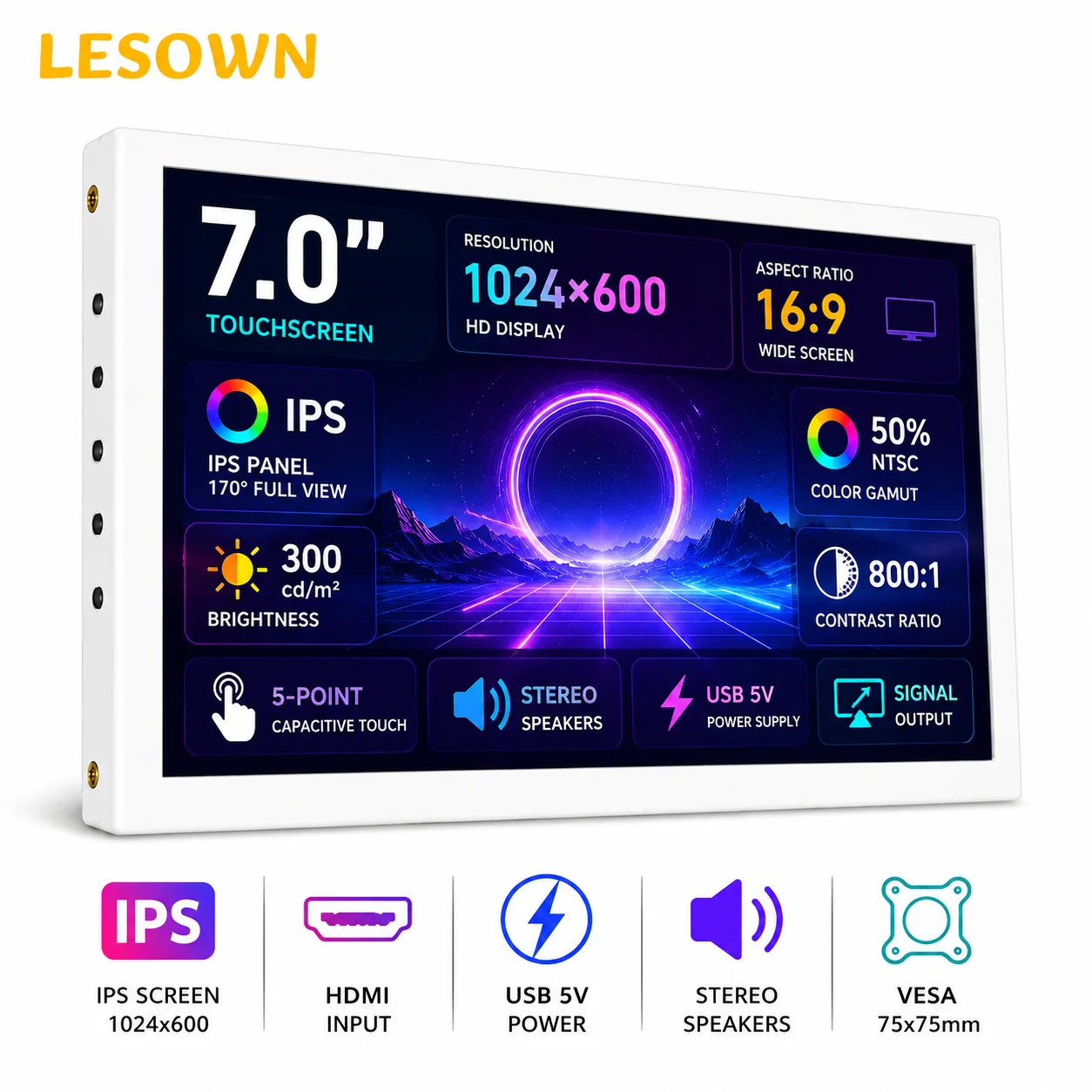 

LESOWN Portable 7 Inch Monitor HDTV Display Plug and Play for Business Presentation Touch Screen Driver-free Slim Panel