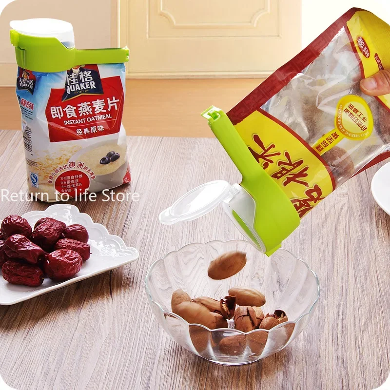 Food Preserving Bag Closure Clip Oat Dispense Spout Snack Bag Clip Moisture Seal Clip Fresh Keeping Sealer Clamp Kitchen Gadget