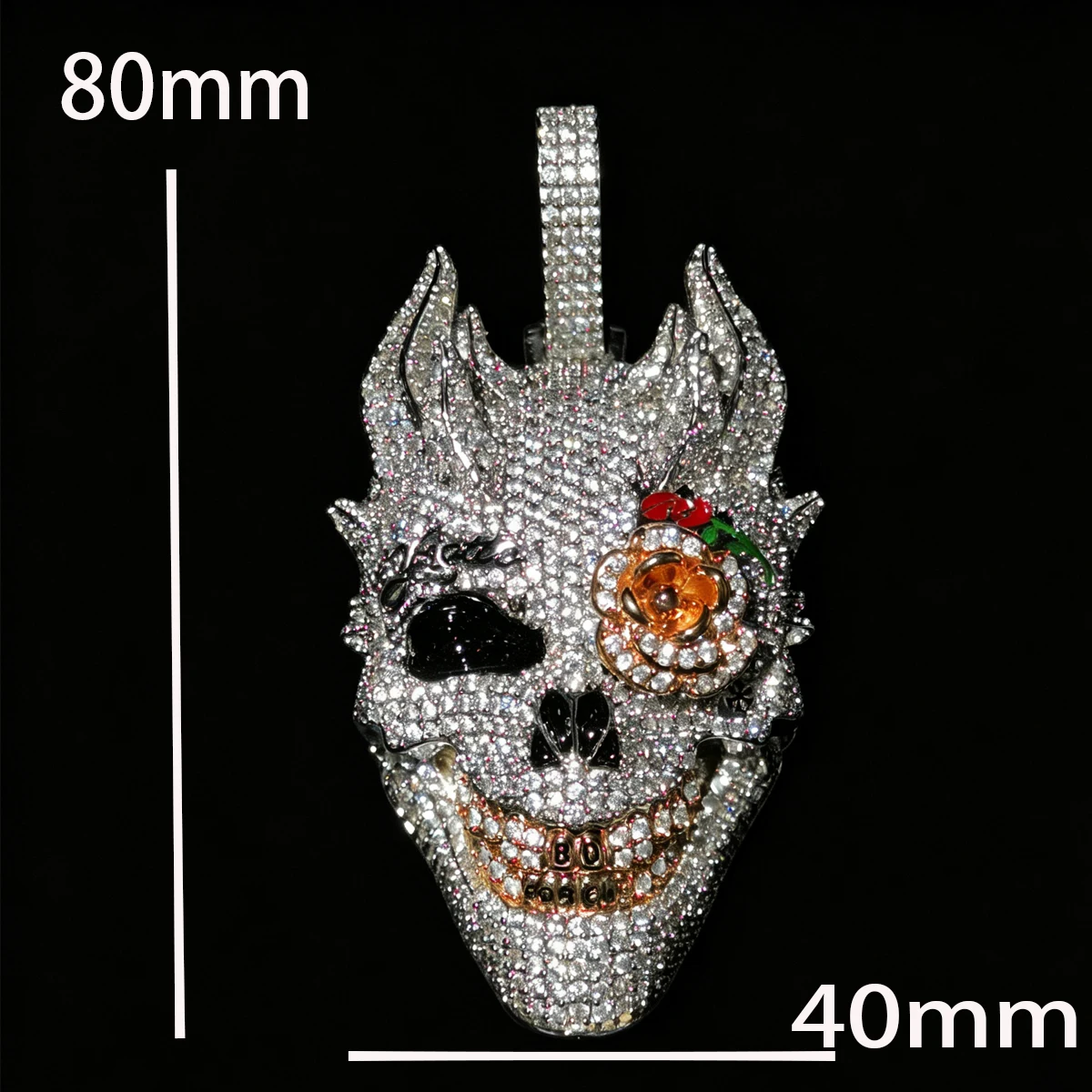 Iced Out Full Cubic Zirconia Devil Skull Mask Design Hip Hop Pendant Rose Flower Eye 18K Gold Plated Bling Statement Charm Necklace Men Streetwear Rap Culture Cuban Chain Accessory Gothic Skeleton Demon Face Ornament Fine Jewelry Gifts for Boy Friends