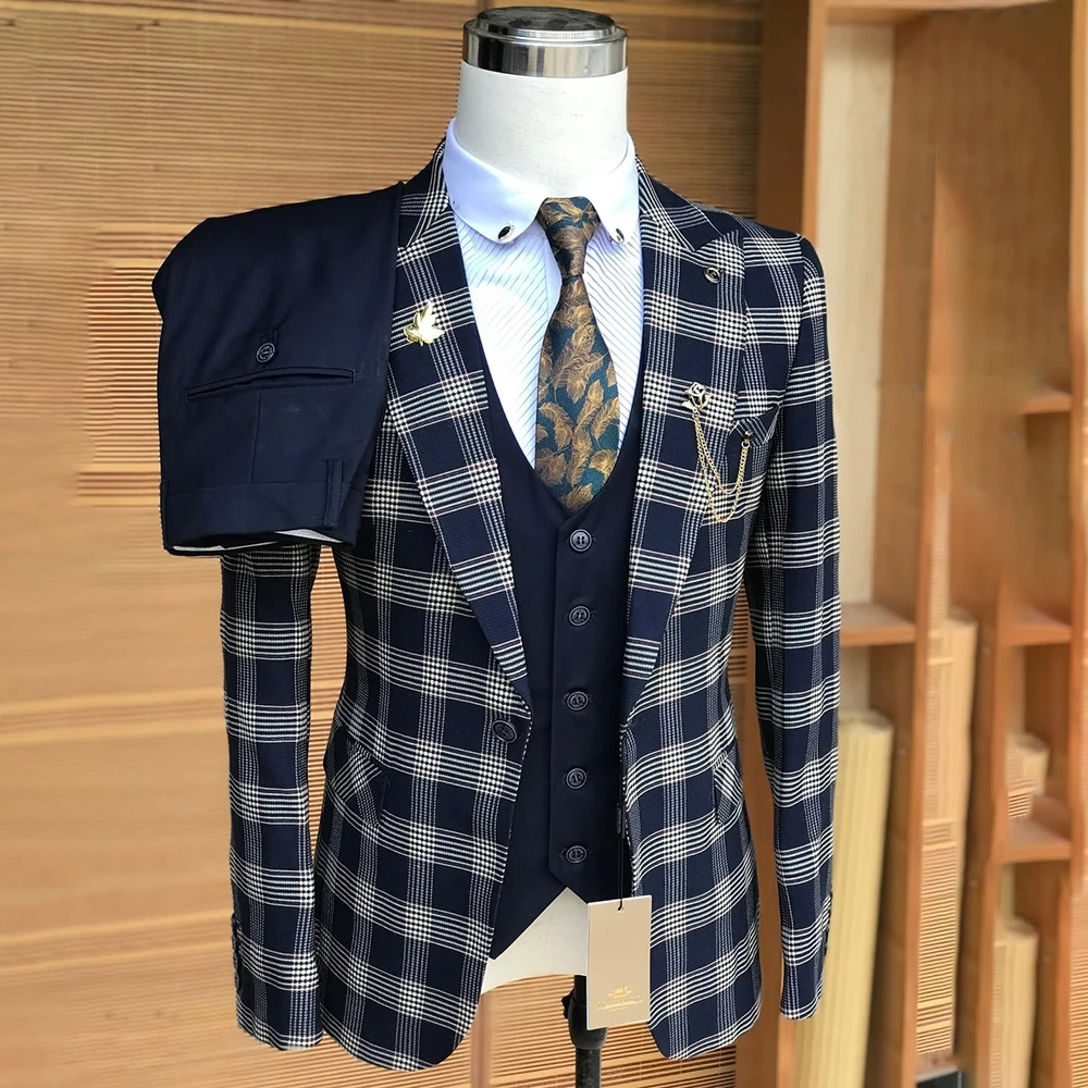 

Classic Plaid Slim Fit Men's Suits Elegant 3 Piece Jacket Pants Vest Formal Single Breasted Peak Lapel Skinny Male Clothing