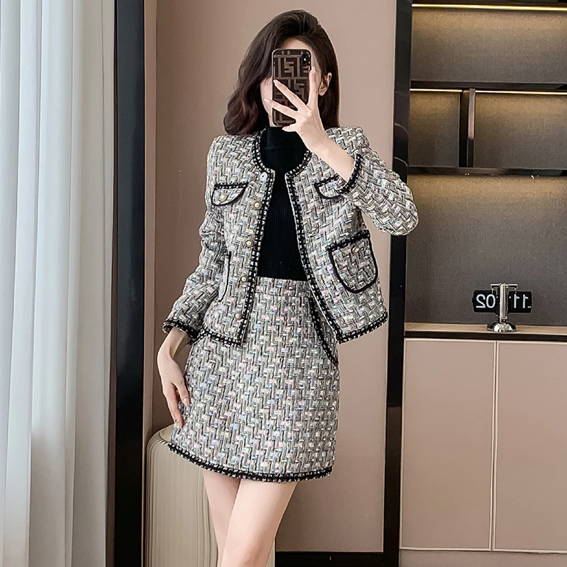 High Quality Small Fragrant Plaid Weaving Tweed Women Two Piece Set Autumn Winter O Neck Single Breasted Coat + Mini Skirt Suits