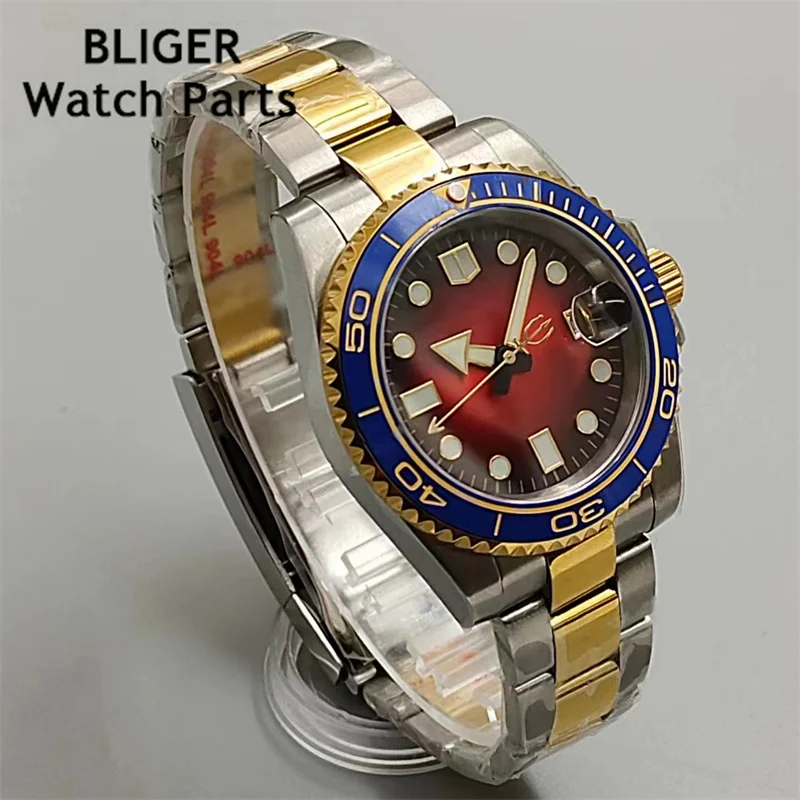 BLIGER 40mm goiden/silvery luminous Mechanical Men Watch Sapphire Glass NH35 Movement  Steel Bracelet Ceramic Bezel