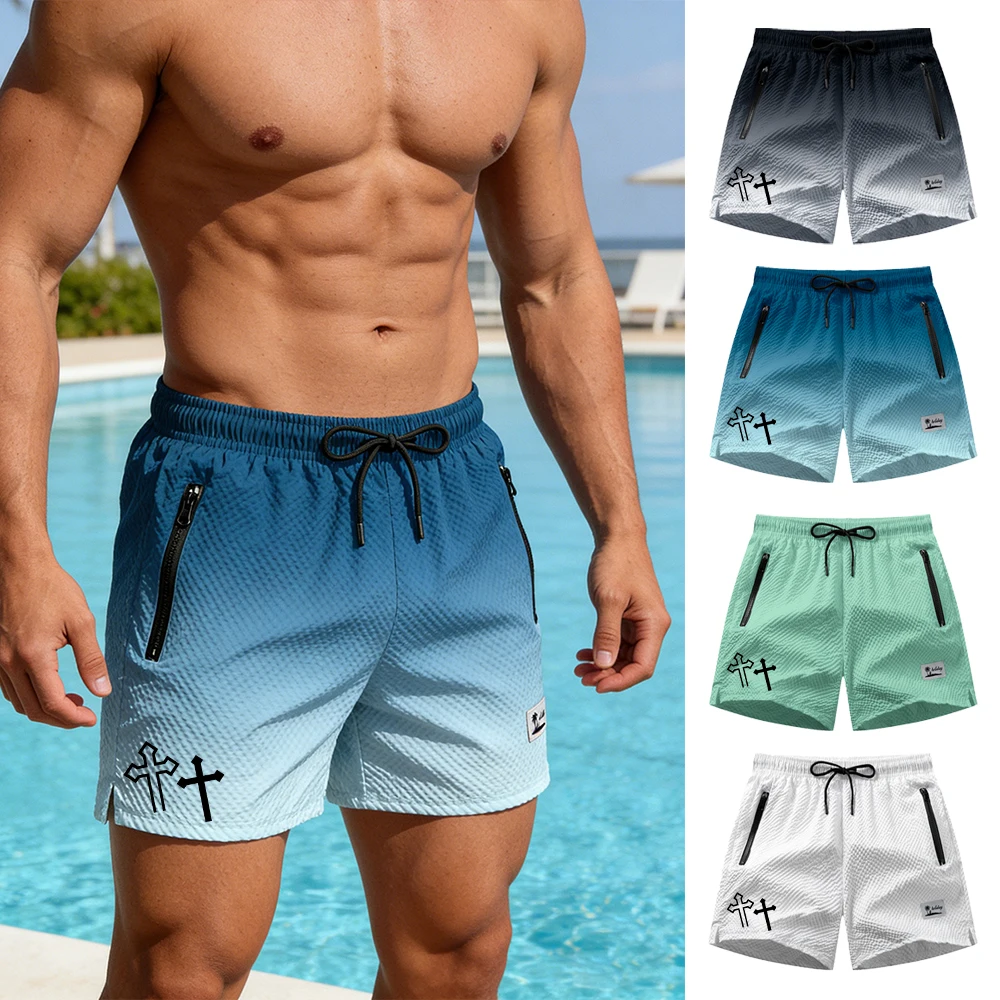 

Мужские повседневные плавки с крестообразным принтом, летние спортивные шорты для фитнеса и тренировок на открытом воздухе с разрезами по бокам и регулировкой на шнурке
