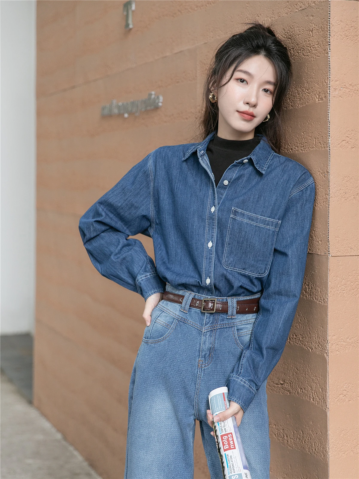 

Retro Hong Kong Sle Soft Denim irt Women's Loose Design Sensation Small Size Long Sve irt Layered Top irt