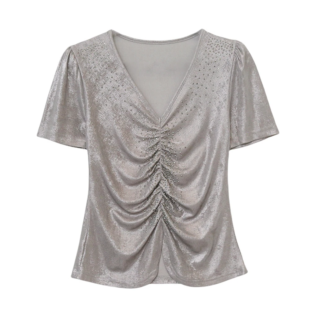 

Women's Glitter Rhinestone T-Shirt Pleats Belly Cover Asymmetrical Design V-Neck Short Sleeve Fashionable Summer female Tops