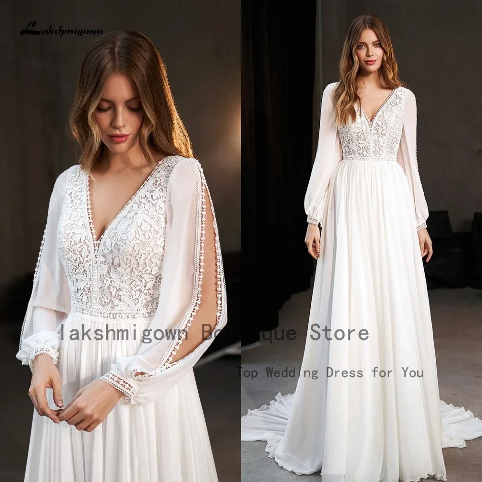 Lakshmigown uma linha boho vestido de casamento de manga longa 2025 elegante nupcial praia vestidos de casamento pura ilusão botões volta