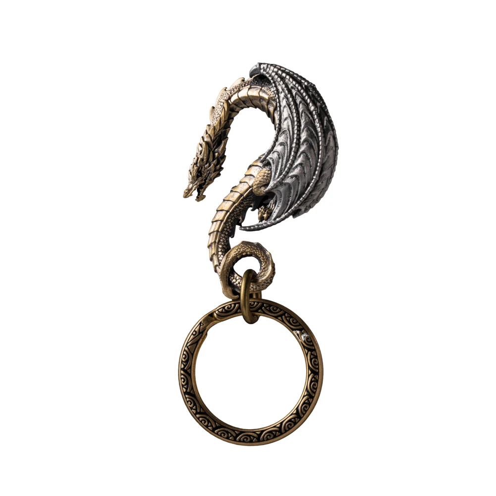 COPPERTIST.WU Dragon Hook Keychain w Keyring Novelty Gifts for Men Women Car Key Decor (Brass & White Bronze)