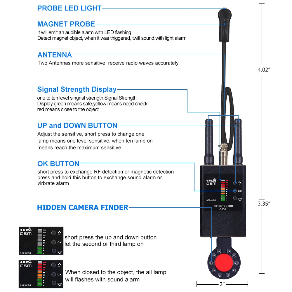 Detektor sinyal RF nirkabel Anti mata-mata, pemindai profesional tiga antena Anti mata-mata, pelacak GPS Bug GSM, kamera tersembunyi, perangkat penyadap