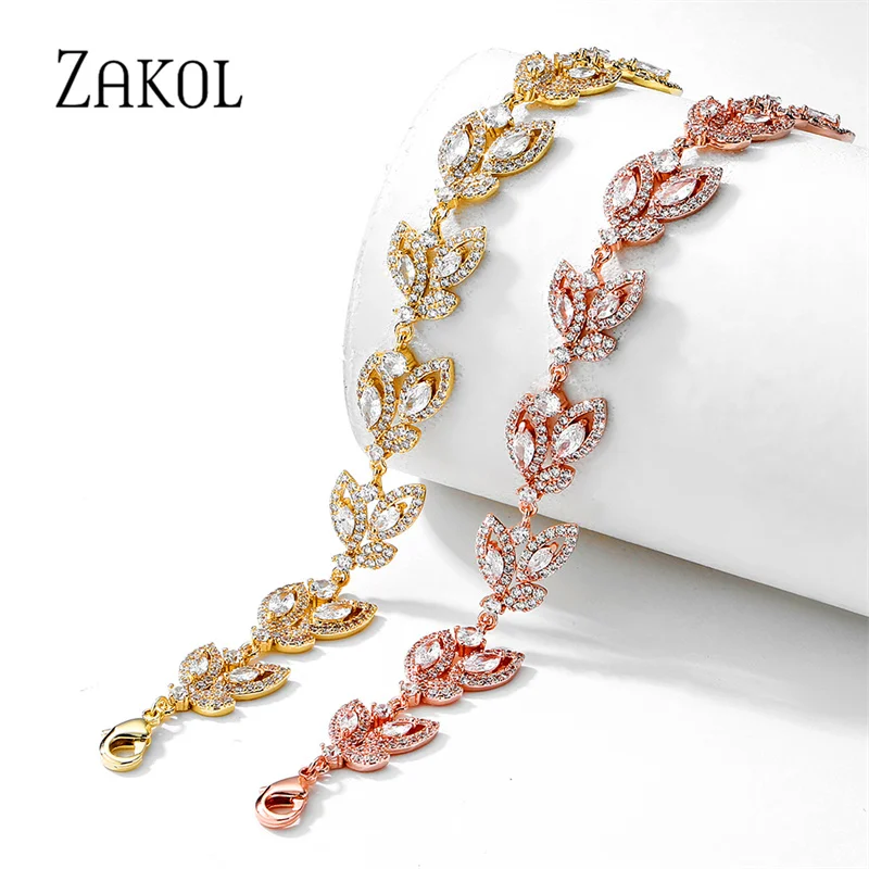 ZAKOL Exquisite AAA Cubic Zirconia Charm Chain Link Bracelets & Bangles for Elegant Women Luxury Leaf Bridal Wedding Jewelry