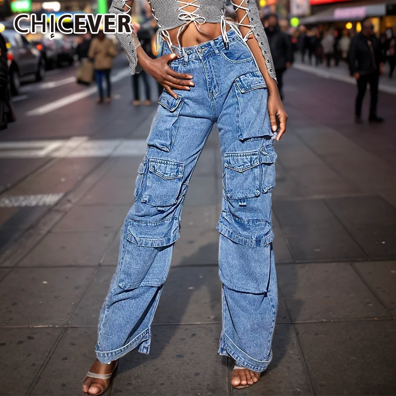 

CHICEVER Solid Patchwork Lace Up Cargo Pants For Women High Waist Spliced Button Loose Streetwear Wide Leg Pants Female Clothes