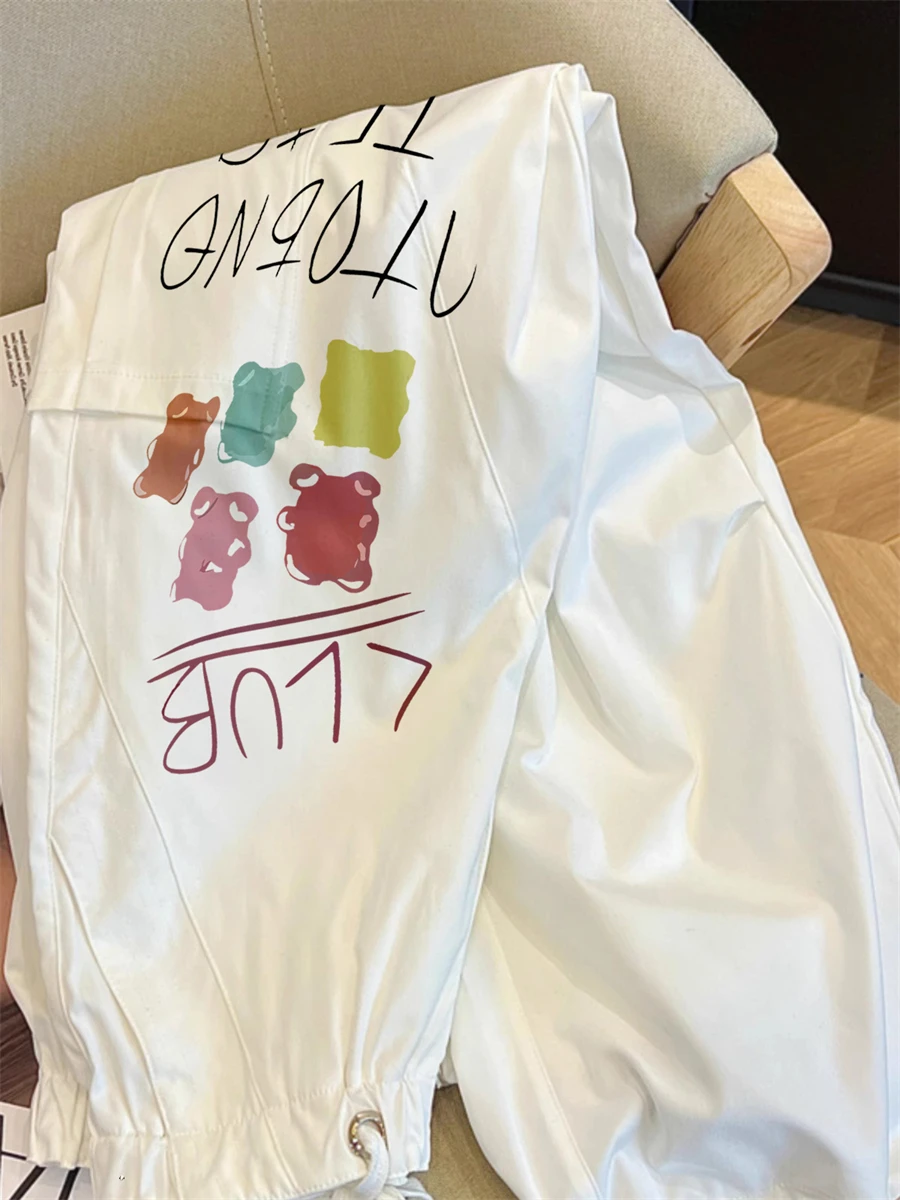 패셔너블한 레트로 하이웨이스트 프린트 작업 바지 남녀 여름 독특한 디자인 루즈 다용도 와이드 레그 팬츠 캐주얼 출퇴근용...