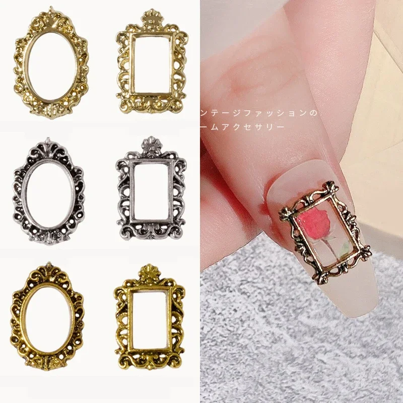 Juego de marcos de fotos huecos 3D de Metal dorado Retro con tachuelas de aleación, Kit de accesorios de joyería para manicura artística, 5 piezas