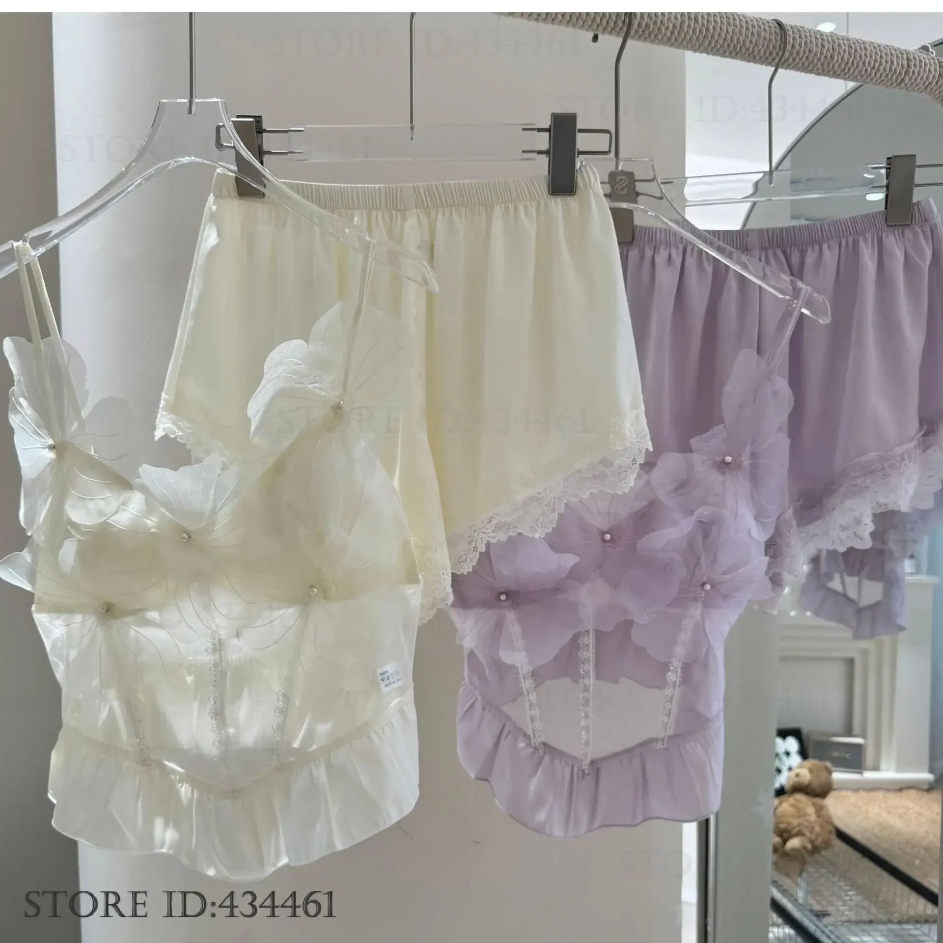 Summer New Female Pajamas Set Sexy Lace Strap Top&shorts Pijamas Suit Lingerie Sexy Sweet Perspective Mesh Underwear Homewear