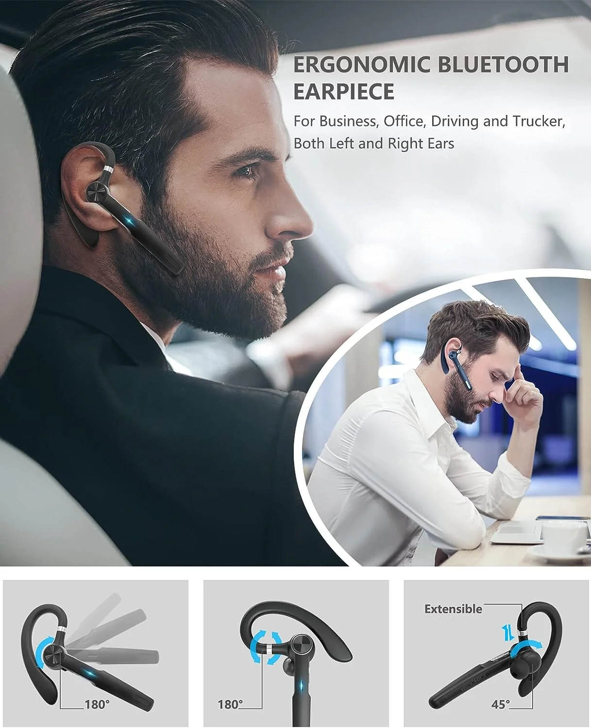 Bluetooth Headset,Bluetooth Earpiece with ENC Mic,Trucker wireless Earphones with Charging Case Bluetooth Hands-Free for Driving