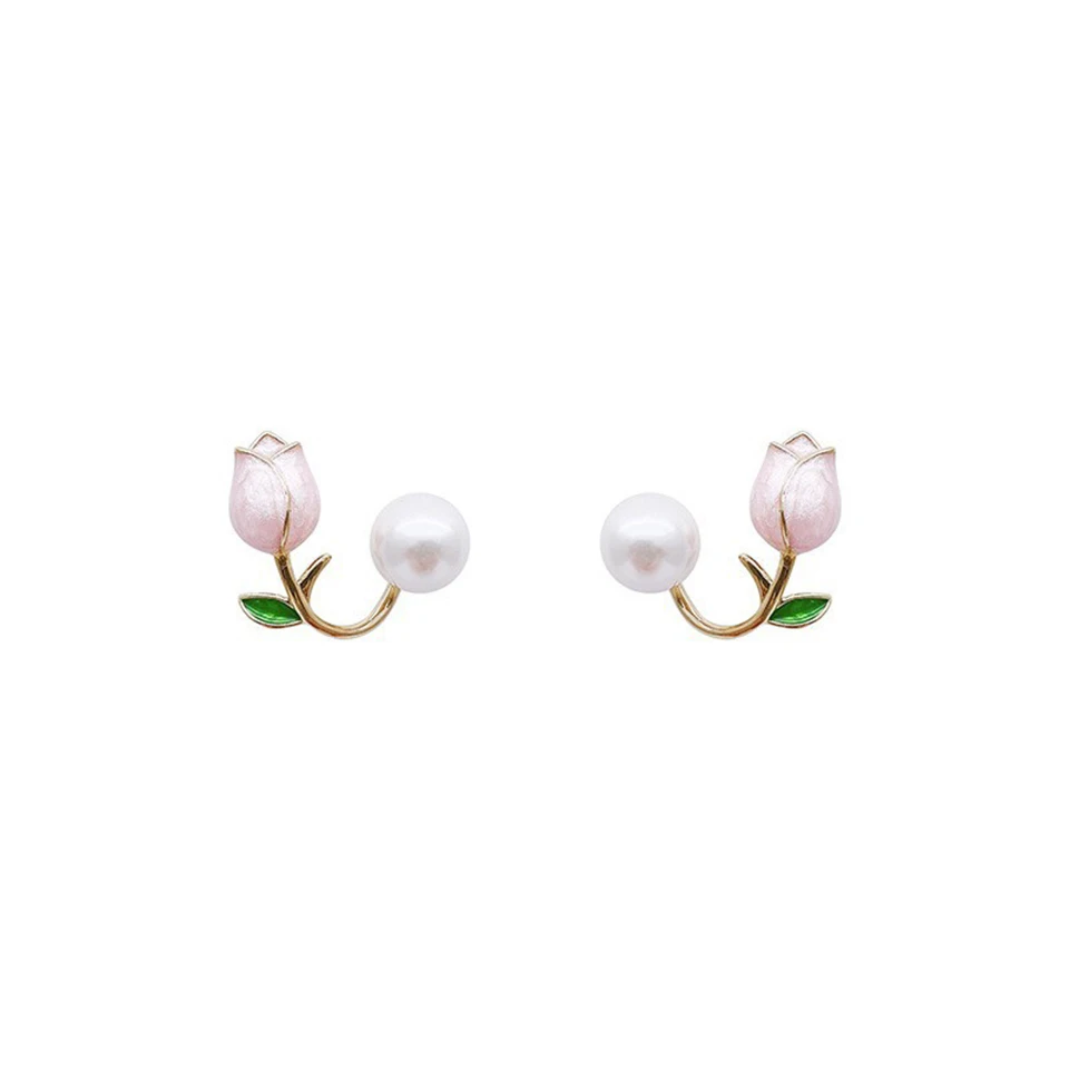 ZAKOL Fresh Rose Stud Earrings with Imitation Pearl Sweet Pink Tulip Earrings Exquisite New Accessories for Women Trendy Jewelry