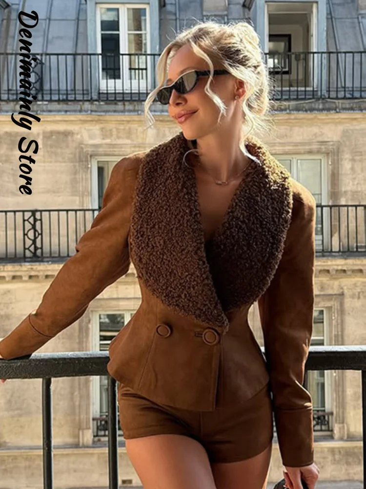 

Fashion Faux Suede Short Jacket Wonen Brown Shearling Collar Slim Waist Buttons Blazer 2026 Spring Lady Chic Party Outwears New