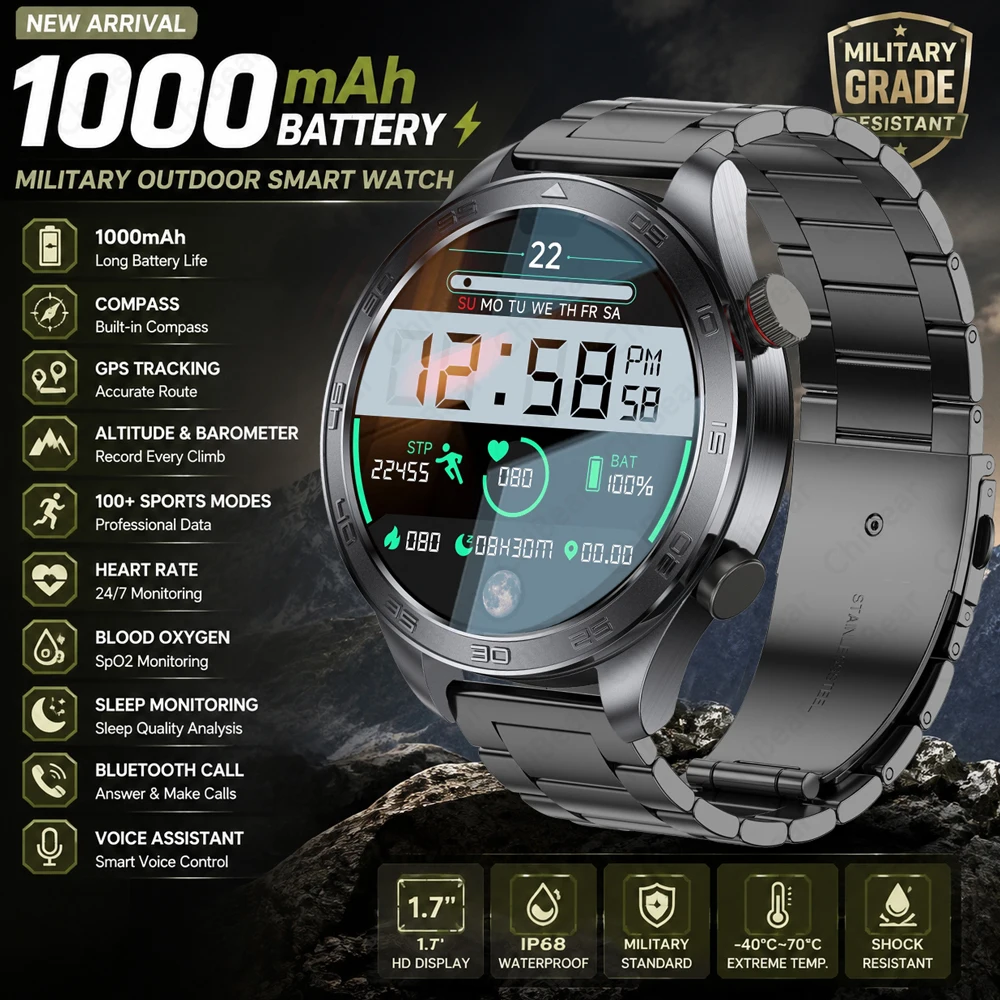 2026 Neue 1000mAh Akku Smartwatch für Herren 24-Stunden-Gesundheitsüberwachung GPS-Tracking Höhendruck Bluetooth-Anruf Smartwatch für Männer