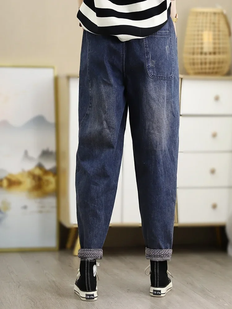 

Джинсы с вышивкой в стиле ретро, женские джинсы с эластичной резинкой на талии, свободные лоскутные брюки Харлан, длинные брюки с высокой талией, XT1400