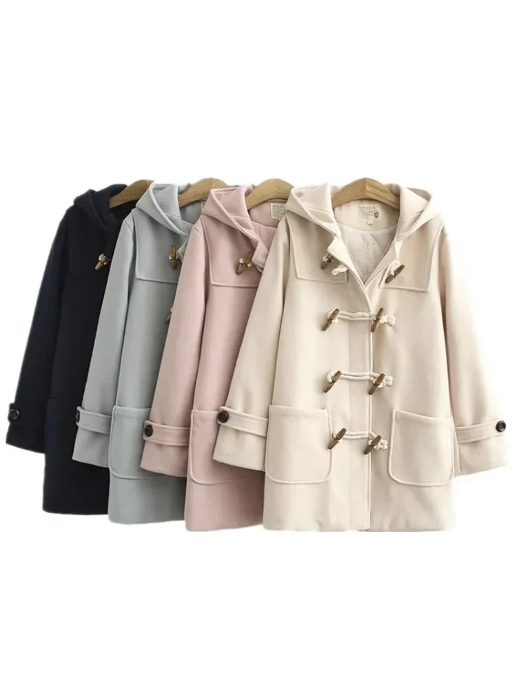 

Winter Woollen Jacket Double Row Horn Buckle Wool Coat Women Long Coat Autumn Clothing Loose Size Hooded Woolen Coats