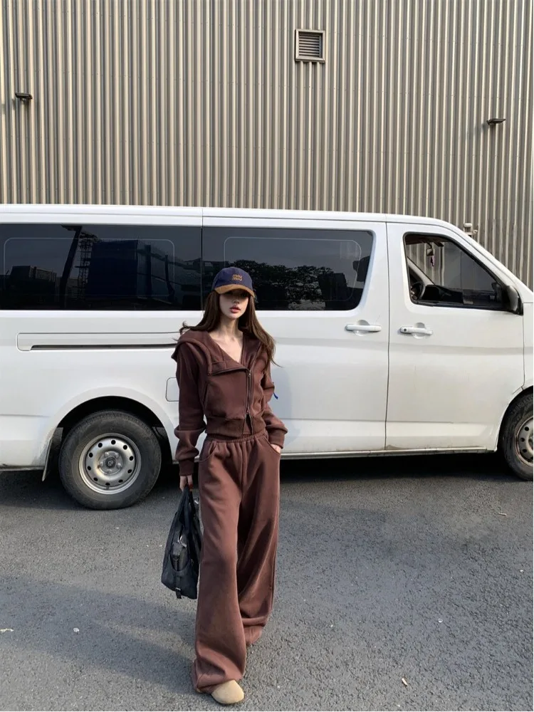 Women's 2-piece Activewear Hoodie Set Hooded Zip-up Fleece-lined Jacket High-waist Wide-leg Floor-length Pants Street Trendy