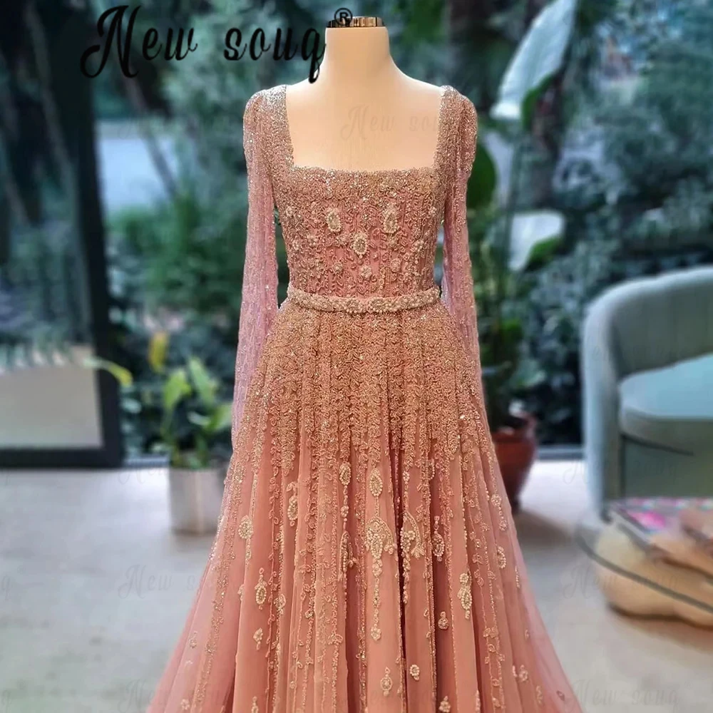 Luxury Pink Dubai A Line Evening Dresses for Women Wedding Square Neck Cap Sleeves Arabic Muslim Formal Party Gowns Plus Size ﻿