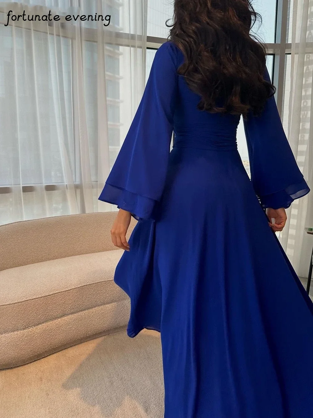 Fortunate Evening Elegant Vintage Dark Blue V-Neck Ruffles A-Line Ankle Length Formal Occasion Prom Dress Evening Party Gowns