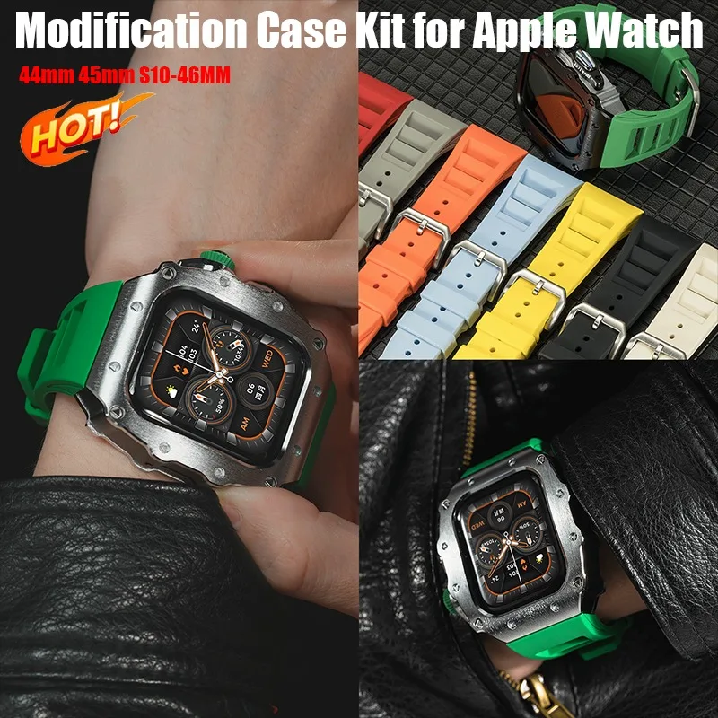 Luxuriöses Modifikationsset für Apple Watch11 10 46 mm, Silikonarmband, Edelstahl-Uhrengehäuse für IWatch-Serie 11 10 9 8 7 44 45 mm