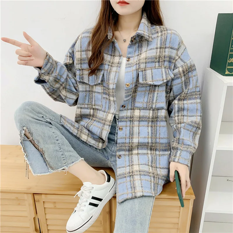 Thick Velvet Plaid Shirts Women Winter Keep Warm Blouses and Tops New Casual Loose Jacket Female Clothes Outwear KN552