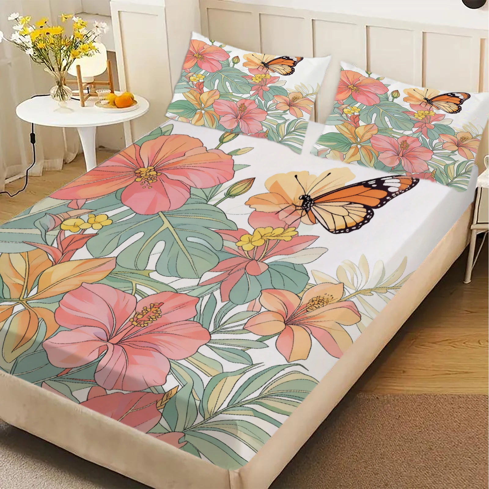 3pcs Flat Sheet Sets 3D Printed Watercolor Floral Butterfly Fitted Sheet With 2 Pillowcases Dormitory Bedroom For Students Girls