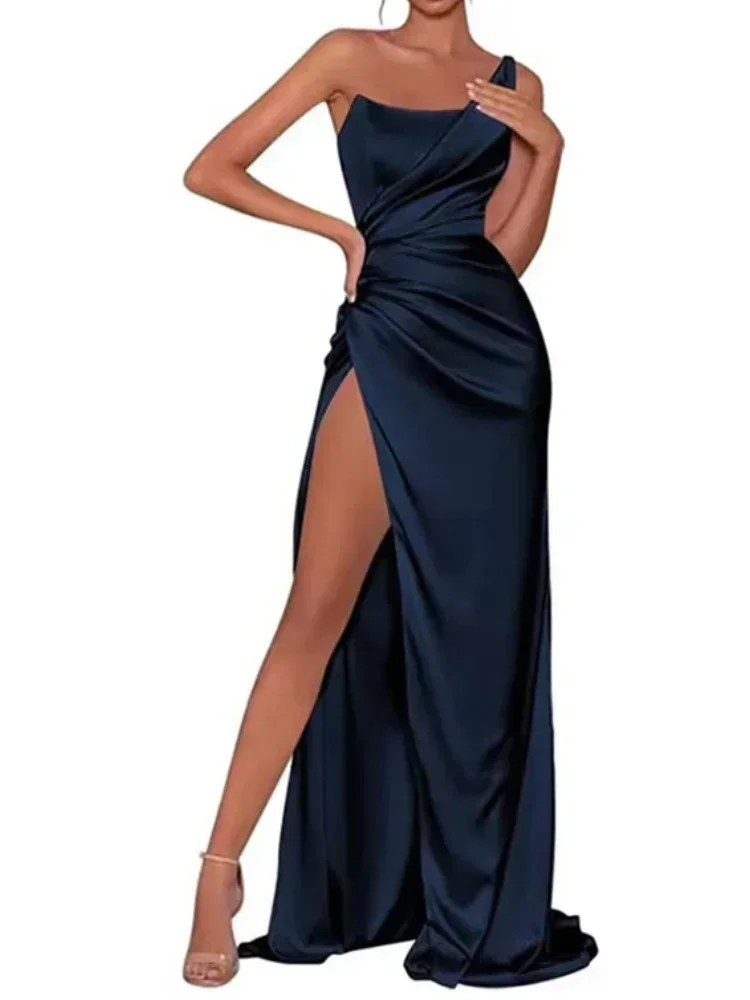 Customized One Shoulder Temperament Cross Pleated Evening Dress Sexy Strapless High Split Design Floor Length Vestidos Simple So