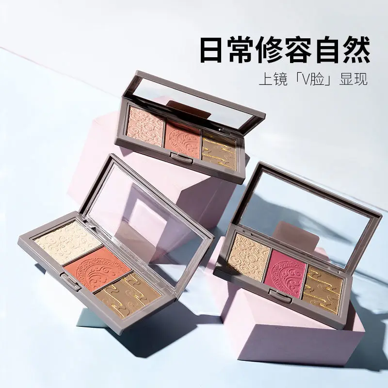 Bronchadores y resaltadores de estilo chino de corte, placa de contorno de rubor, sombra iluminadora brillante de perlas, maquillaje Natural mate