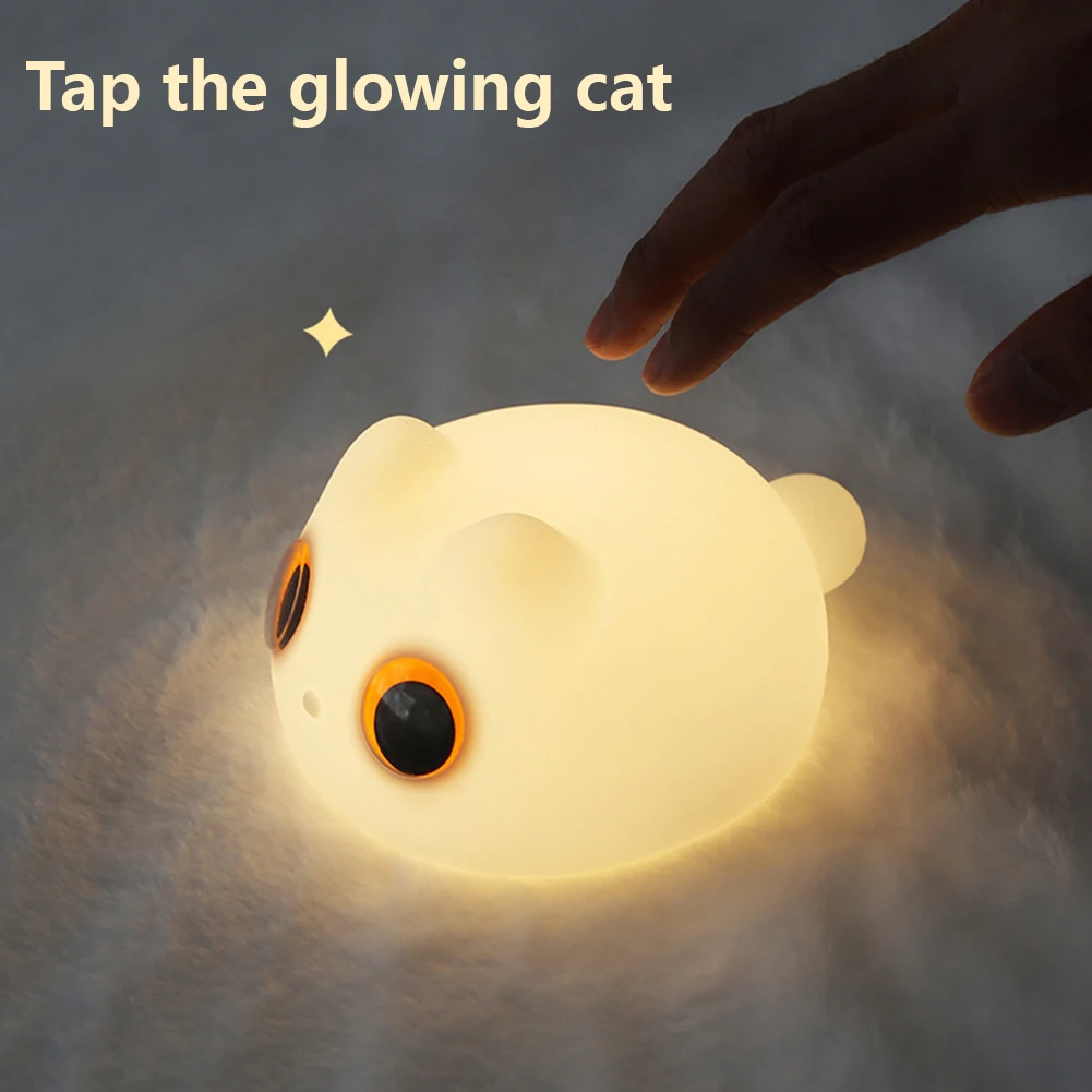 Soft Silicone LED Night Light, USB recarregável, gato bonito, luz quente, lâmpada decorativa para crianças, bebê, crianças