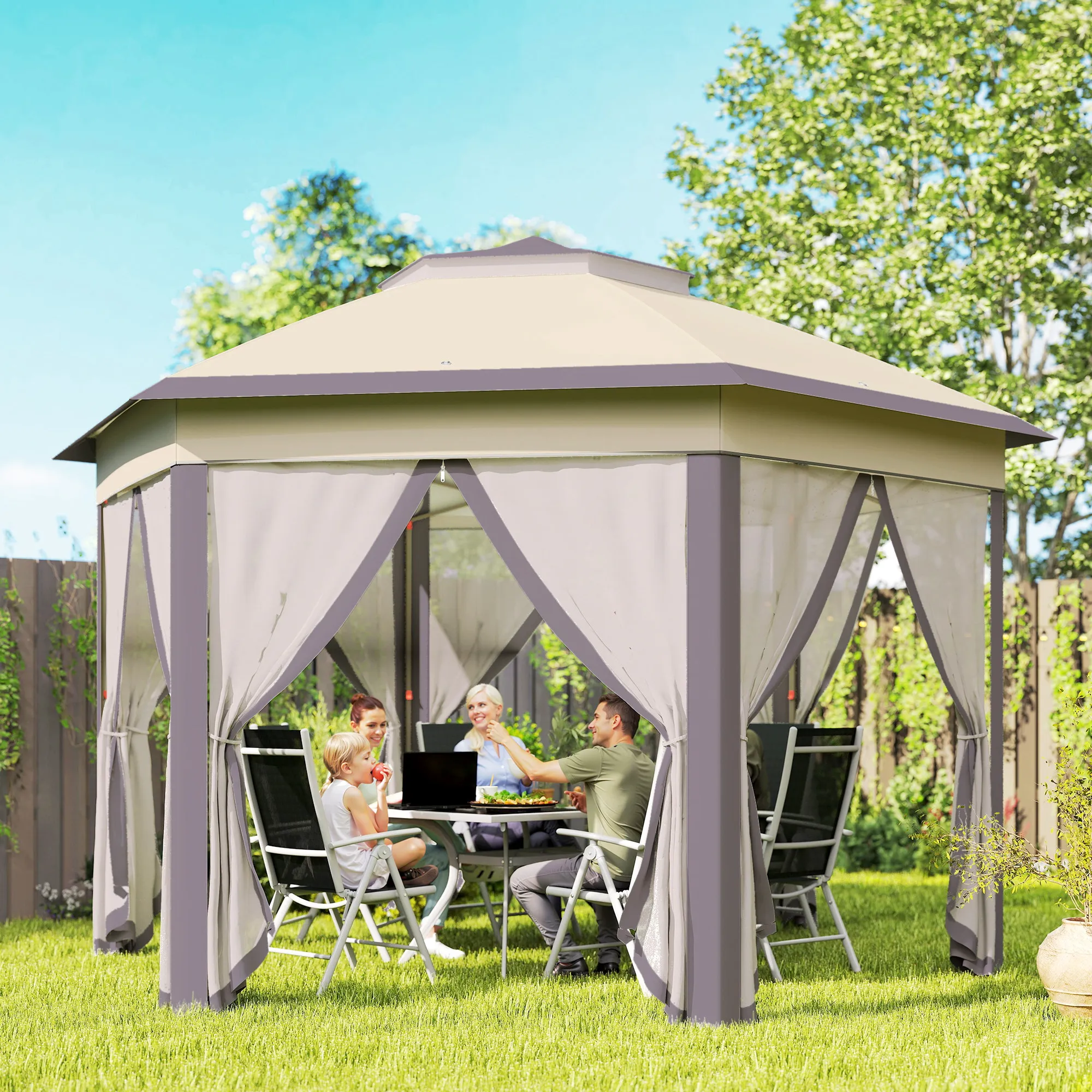 13' x 13' Pop Up Gazebo Hexagonal Canopy Shelter with 6 Zippered Mesh Netting for Patio Backyard Garden Wedding Party