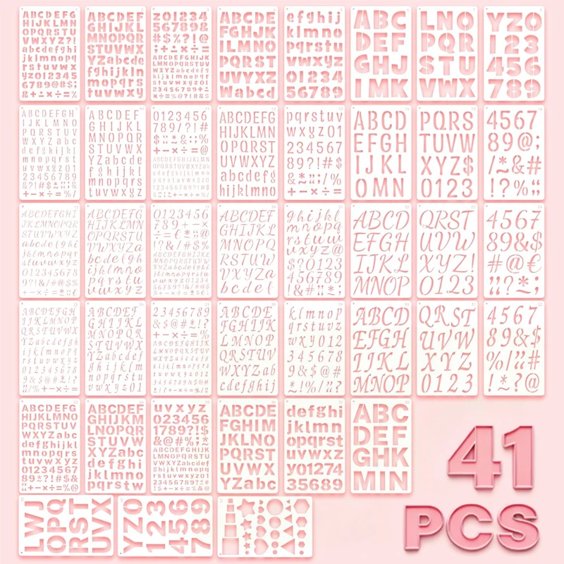 41Pcs Reusable Letter & Number Stencils, Multi Sizes 1/2,3/4,1,5/4,2Inch Plastic Templates for Crafts, Drawing & Home Decor