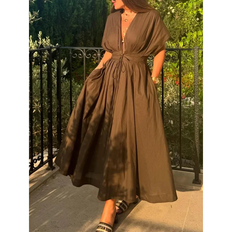 Sukienka damska w stylu retro z wiązaniem w talii, krótki rękaw, guziki, letnia moda, elegancka sukienka w stylu high street 2025