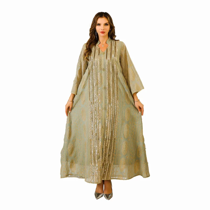 New Middle East Dubai Embroidered Long Robe Dr Sequin Patchwork Net Gown iny Sequin Dr Ethnic Sle Loose Waist Long ...