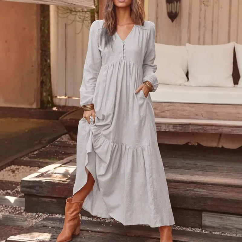 

2026 spring and summer cotton and linen retro casual long-sleeved dress big swing dress