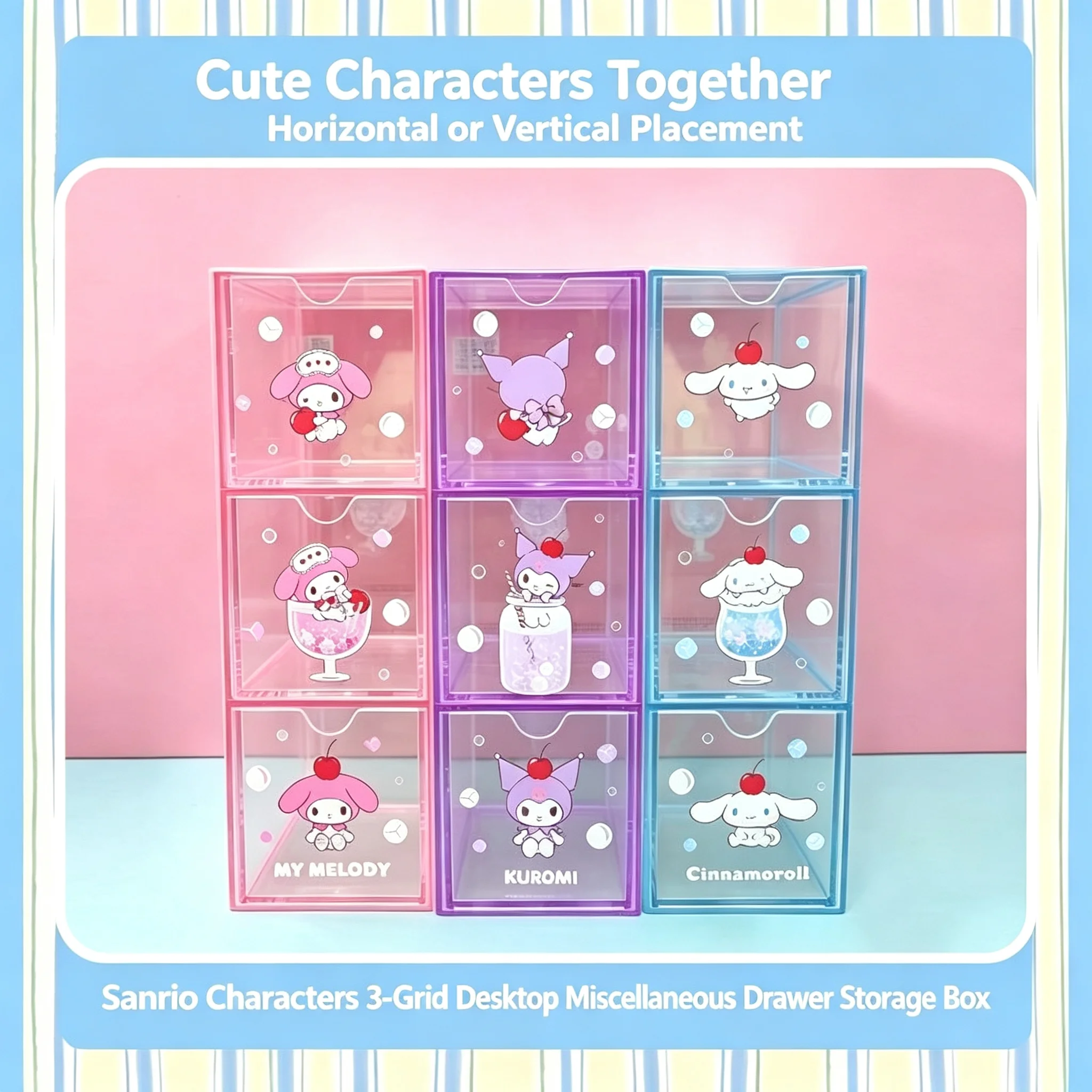 Characters Three Grid Desktop Storage Drawer Box My Melody Kuromi Cinnamoroll Stackable Clear Plastic Organizer