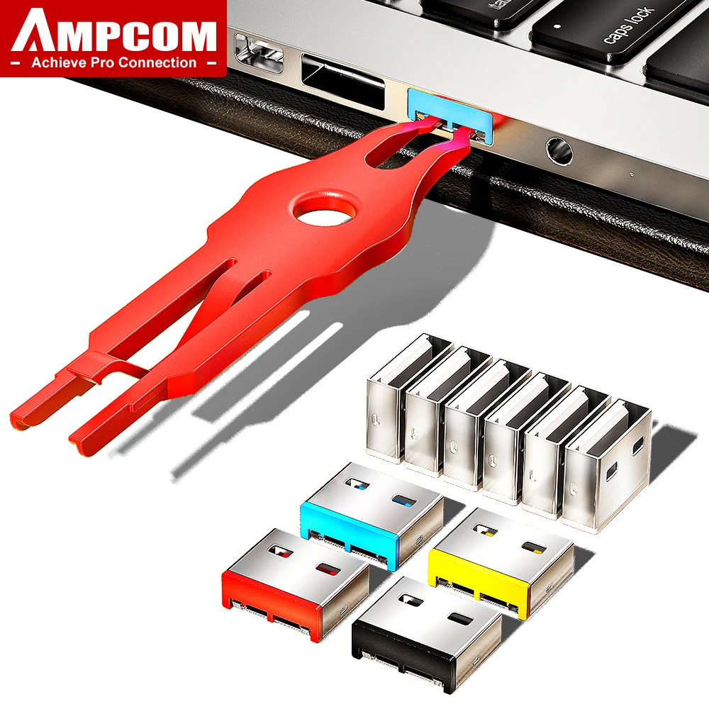 AMPCOM USB Security Insert Lock, Detachable Carbon Steel USB Dust Plug, USB Port Blocker Plug for Computers and Laptops