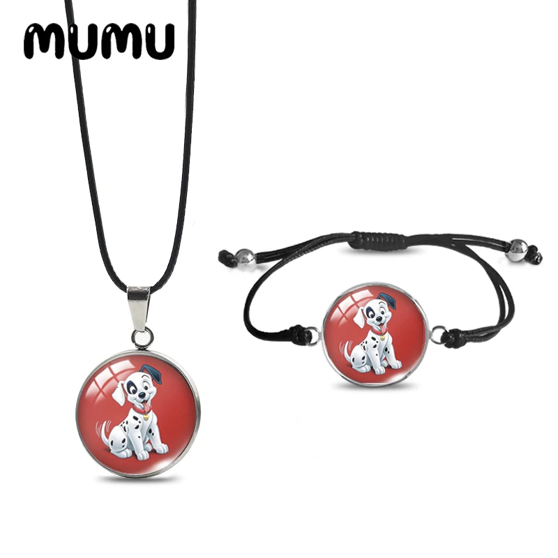 2024 New 101 Dalmatians Dogs Necklace Bracelet Set Black Rope Glass Cabochon Jewelry Sets Handmade Items