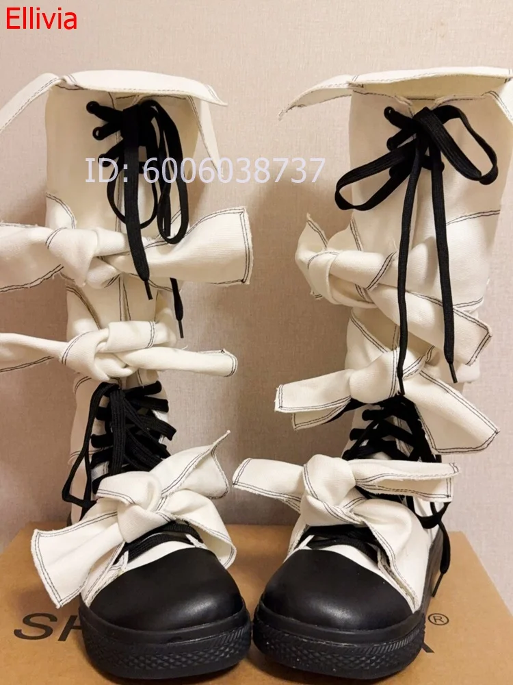 Women Multi Bow Decor Knee High Boots Contrast Color Lace Up Platform Long Boots Round Toe  Fashion Street Style Boots For Daily