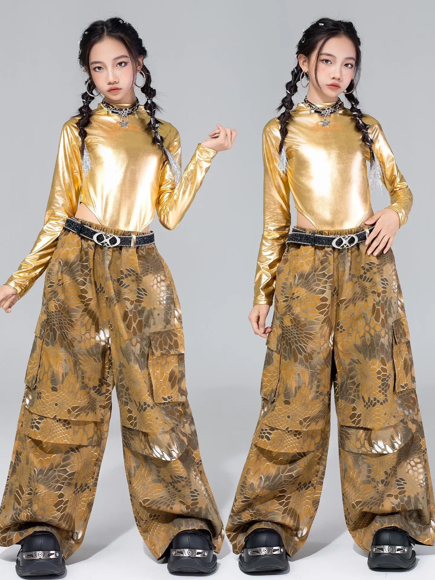 Kpop Ragazze Costumi di danza jazz Top dorati Pantaloni cargo Maniche lunghe Tuta da prestazione Hip Hop Abbigliamento da competizione Bambini BL17717