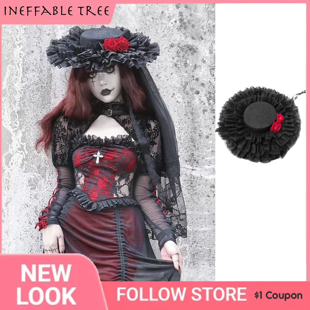 Gothic Darkness Vampire Black Red Rose Flower Lace Fedoras Hats for Women Halloween Lolita Cosplay Party High Quality Caps Gorro