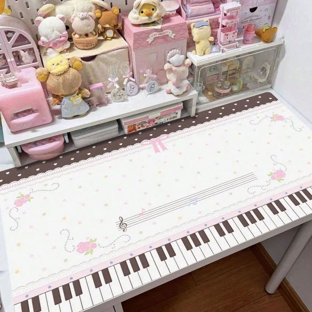 Leather Desk Pad Protector Pink Blue Polka Dots Y2K Music Notes Piano Keys Flower Mouse Pad Office Desk Mat PU Desk Blotter Pad