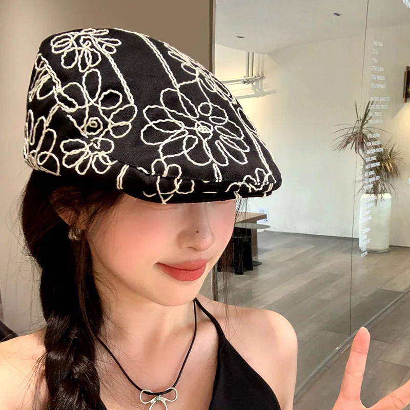 

Retro Twill Newsboy Cap Eight Panel Baker Boy Hat Adjustable Cotton Boina for Women Girls Vintage Style Black Beret