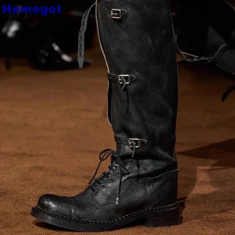 Retro Belt Buckle Women\'s Knight Boots 2024 Autumn Round Street Cross Straps Leather Long Boot Black/brown Party Casual Boots