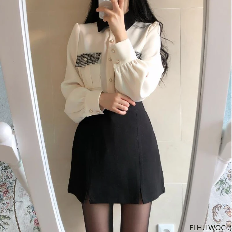 Women 2024 Cute Sweet Tops Pink Korean Japanese Style Design Pockets Long Sleeve Elegant Formal White Button Shirt 3520