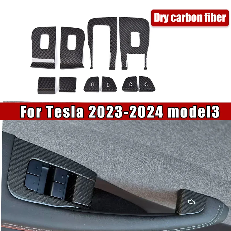 For Tesla Model 3 Highland 2023 2024 10pces Window Lift Button Switch Decorative Interior Accessories True Carbon Fiber