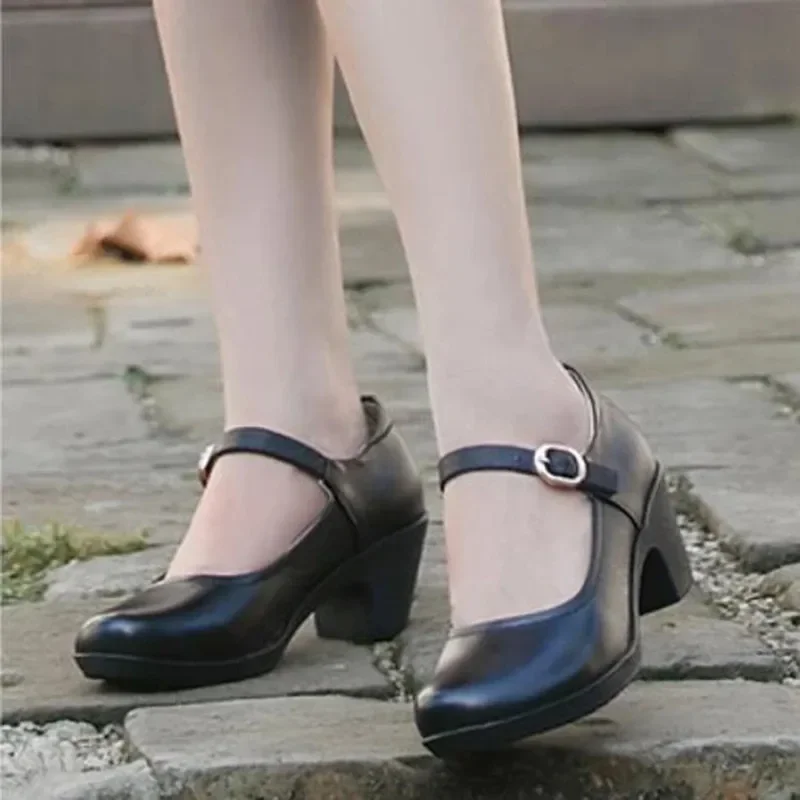 MVVJKE Genuine Leather Shoes Women Round Toe Pumps Sapato feminino High Heels Shallow Fashion Black Work Shoe Plus Size